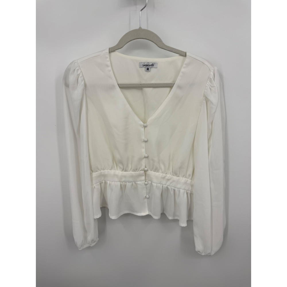 Magnolia Boutique TM124WHITE-M Peplum Top Women Size Medium White Puff Sleeve